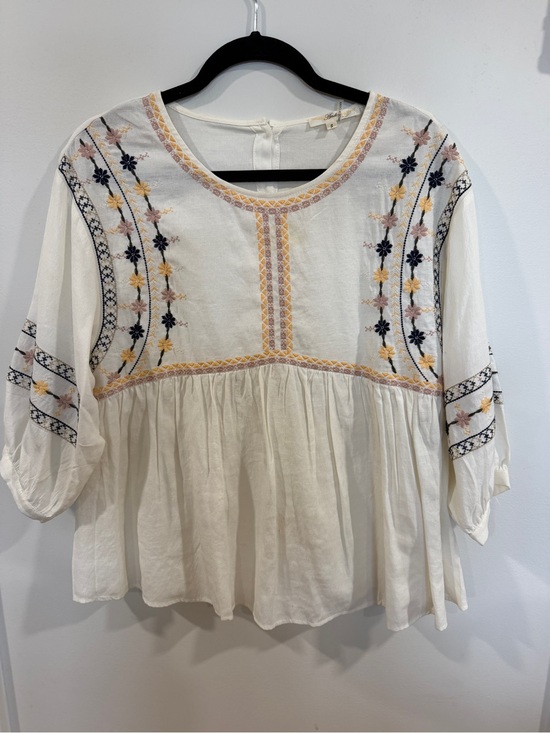 Andree Tops - Andree White Embroidered Peasant Tunic with Navy, Yellow, and Pink Accents